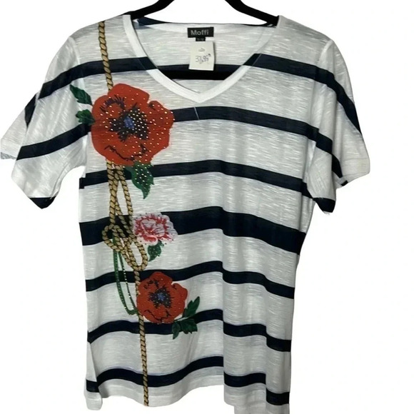 Y2K,vtg, NEW, MOFFI top,beaded floral, striped,sheer,feminine,cottagecore,boho - Picture 1 of 13